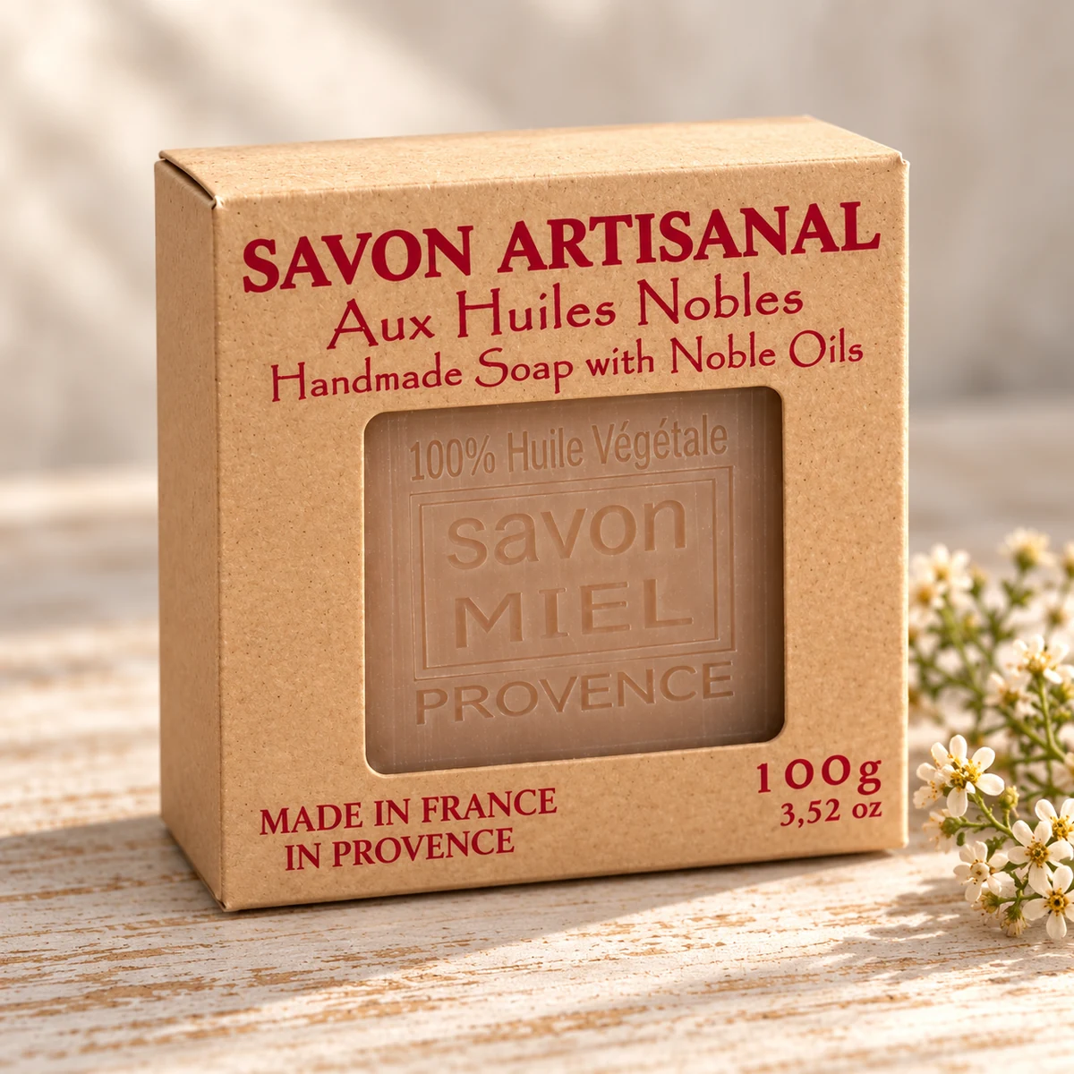 Maître Savonitto Seife Honig in vollständig sichtbarer Kraftkartonverpackung mit Sichtfenster, neben kleinen hellen Blüten auf hellem Holz.
