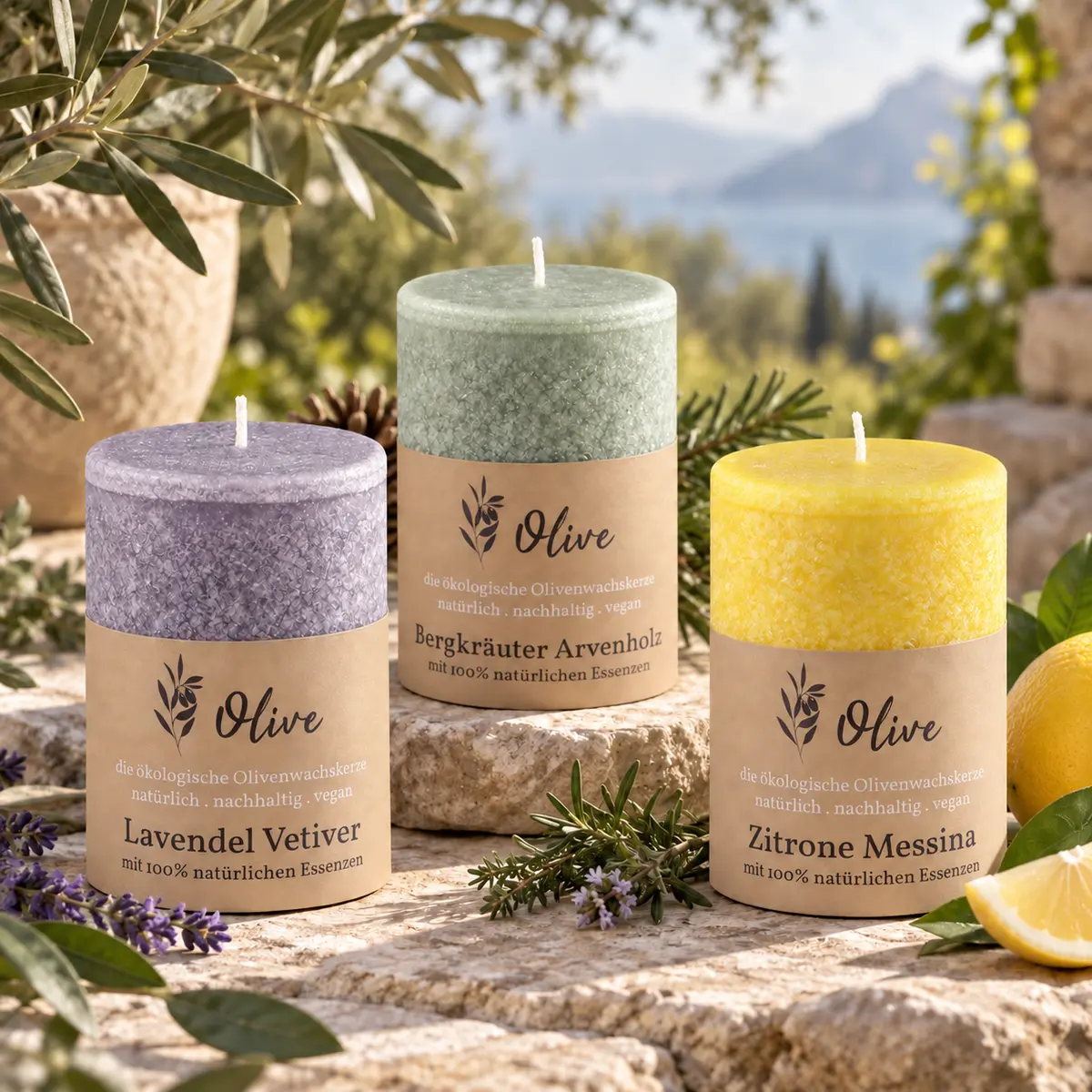 Schulthess Olivenwachskerzen Lavendel Vetiver, Bergkräuter Arvenholz und Zitrone Messina in natürlicher Umgebung