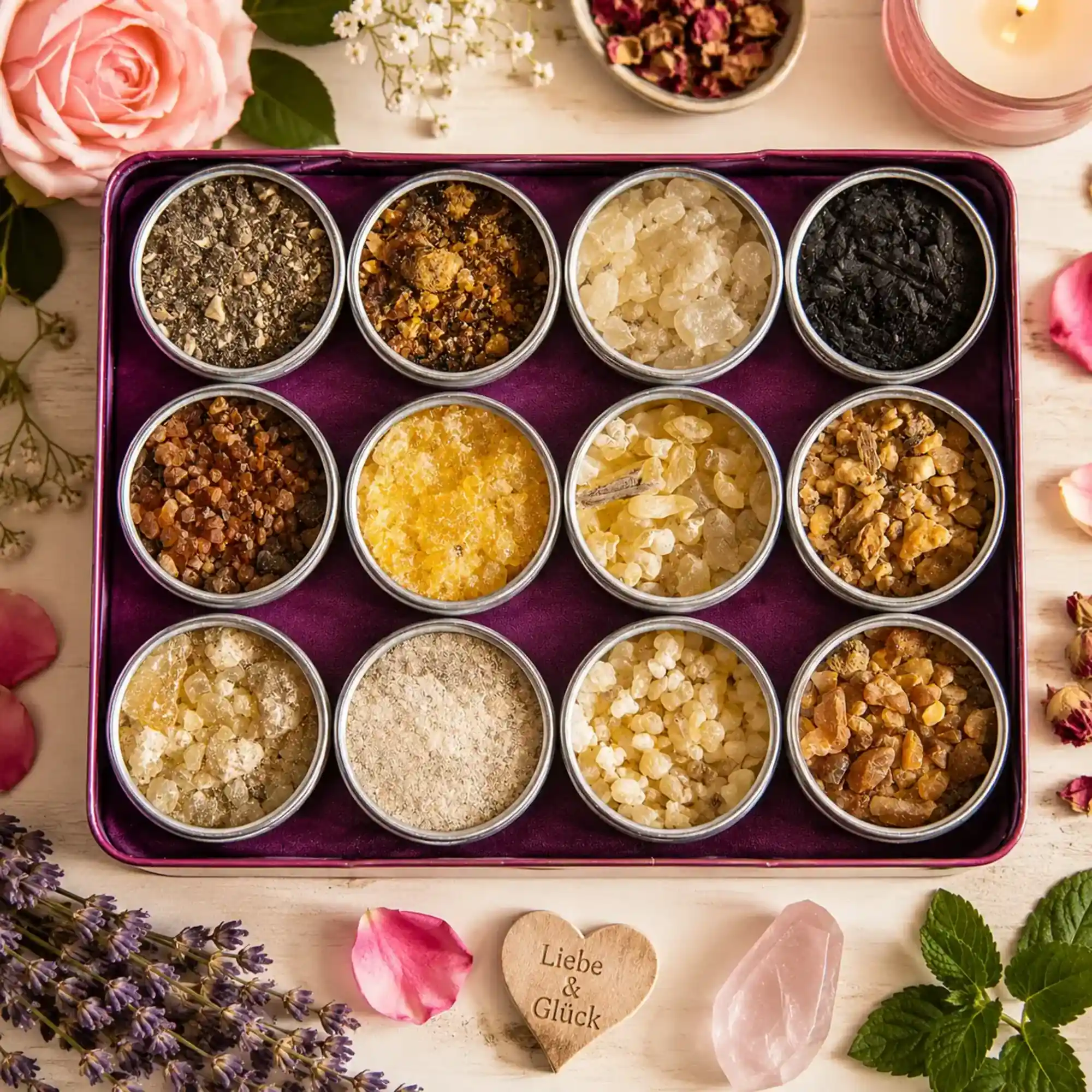 Räuchersortiment Liebe & Glück von Berk mit zwölf Räucherstoffen, Rosen, Lavendel und Rosenquarz