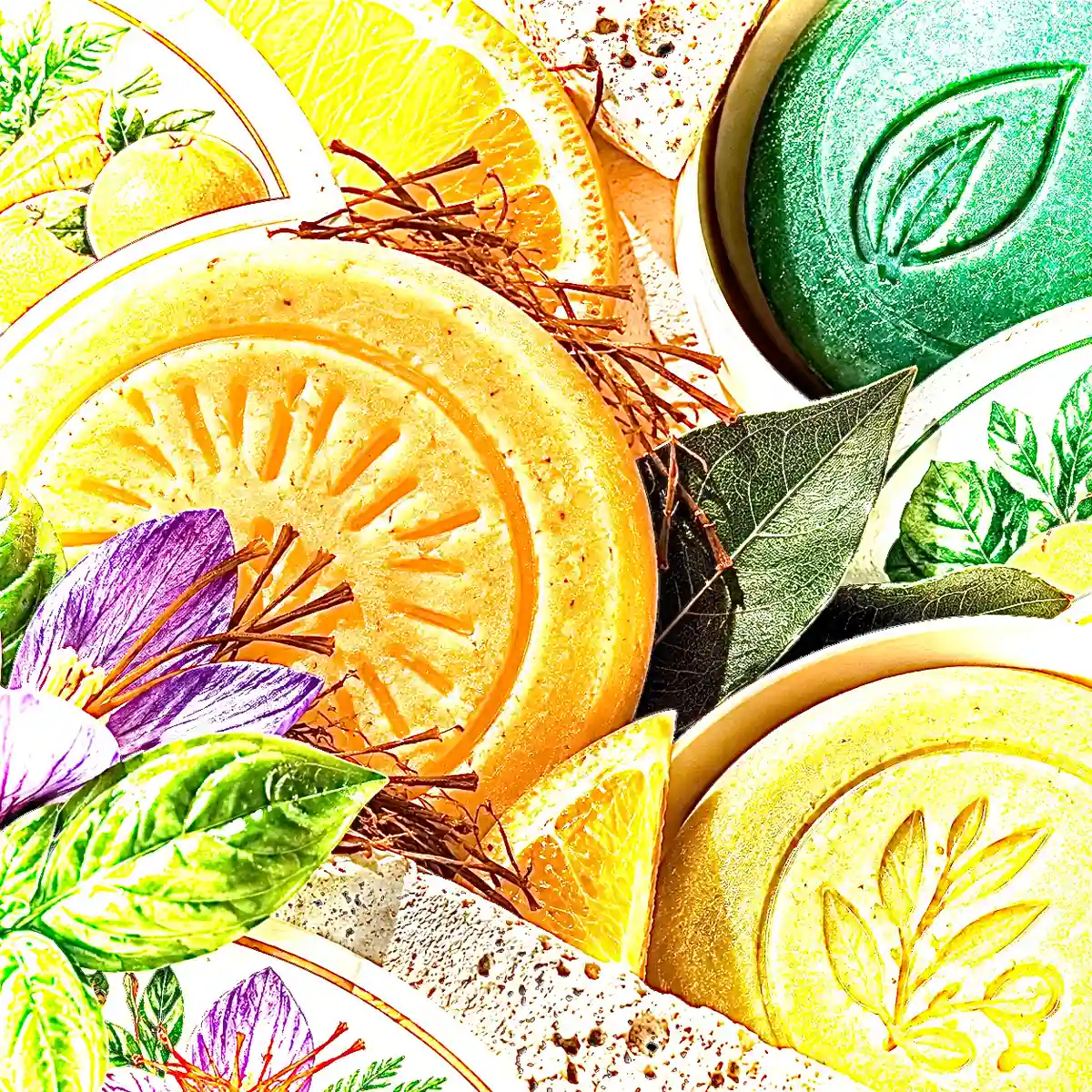 Künstlerische Nahaufnahme von Maitre Savonitto Seifen mit Orange, Safran und Kräutern