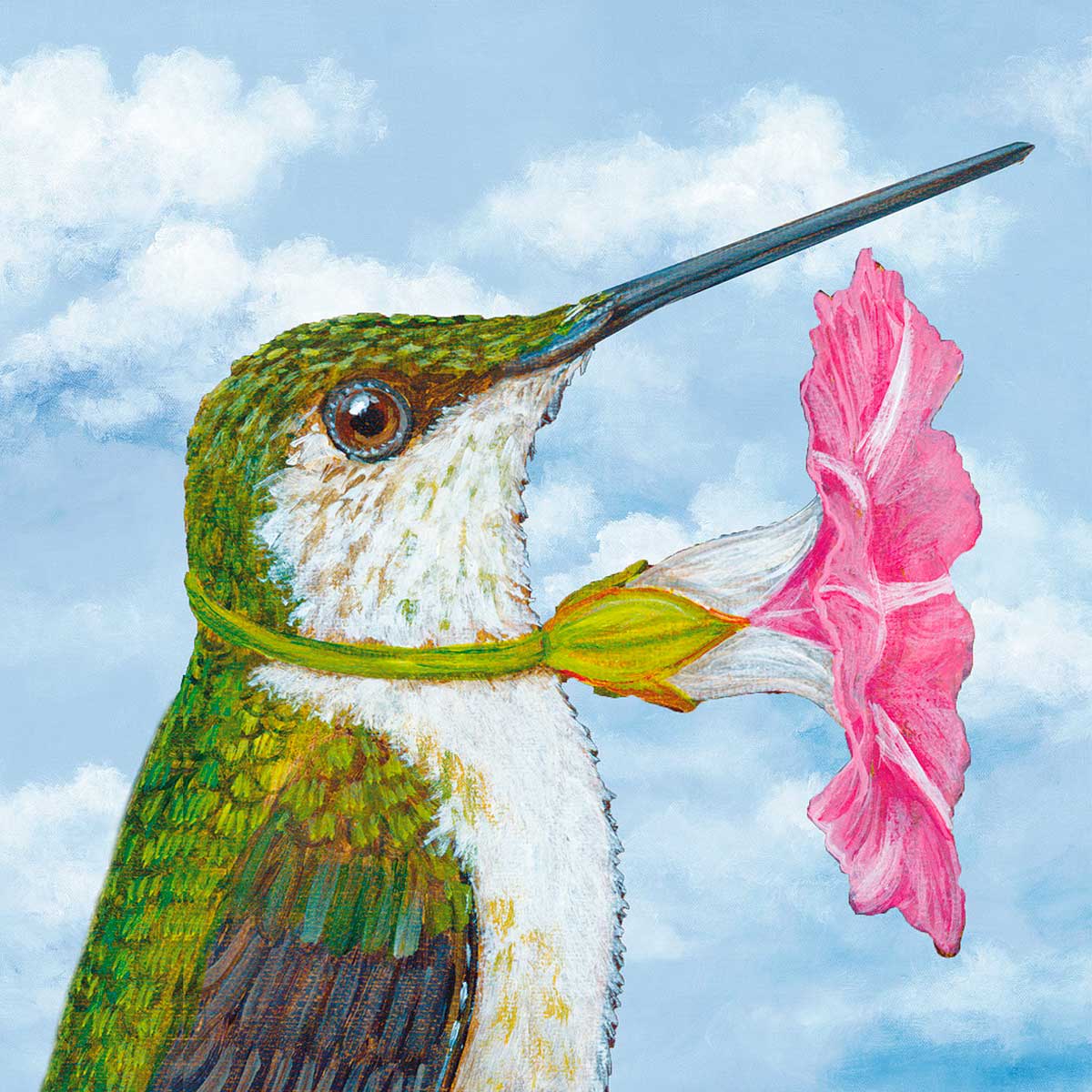 Papierservietten „Lucinda“ von PPD mit Kolibri und rosa Blüte vor himmelblauem Hintergrund. Artwork von Vicki Sawyer, 3-lagig, 100 % Tissue, Format 33 x 33 cm.