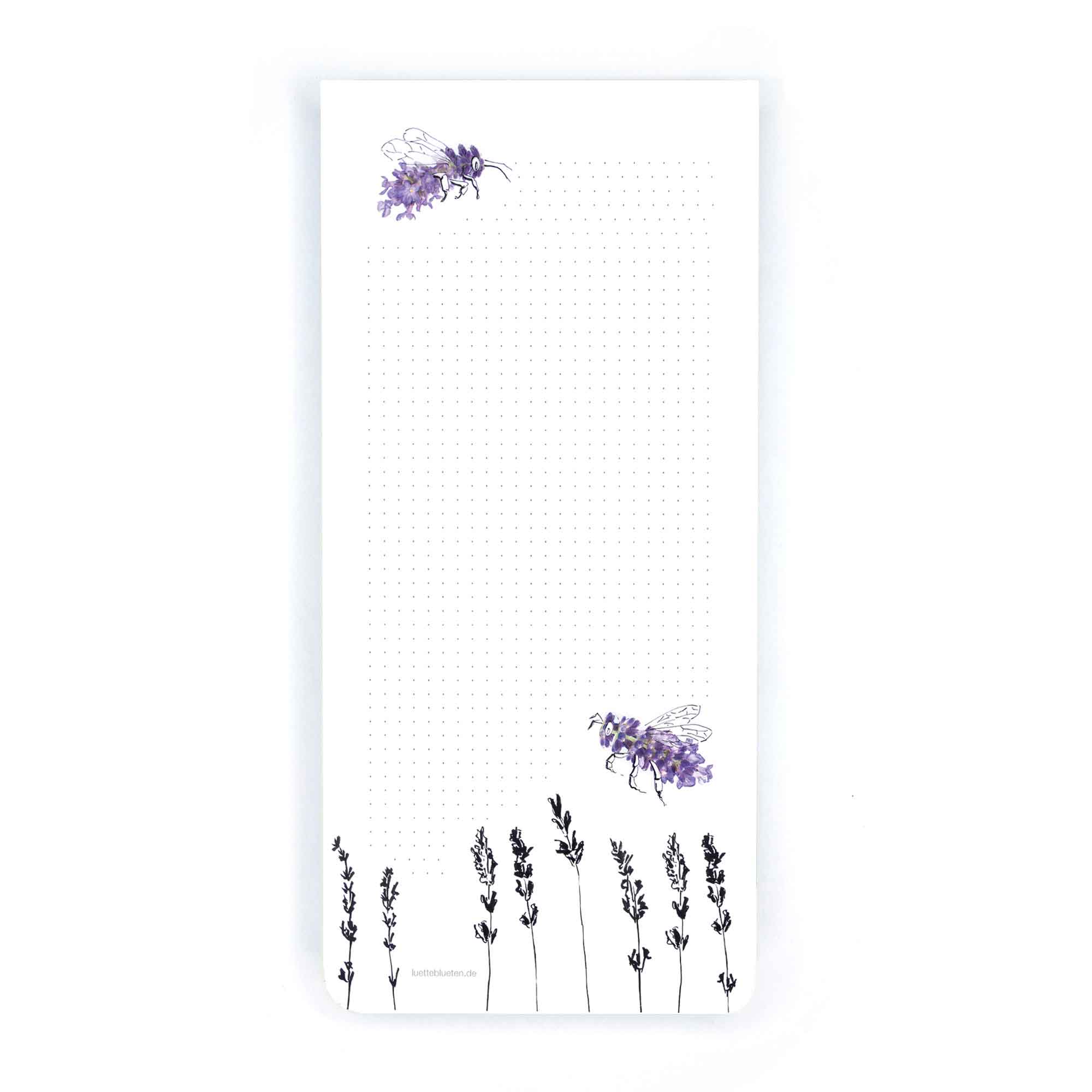 Illustration von Lütteblüten: Zwei Bienen aus Lavendelblüten fliegen über eine zarte Lavendelwiese auf einem punktkarierten Notizblock – leicht, poetisch und naturverbunden gestaltet.