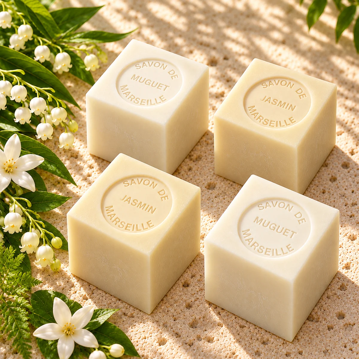 Je zwei Würfelseifen Muguet und Jasmin von Senteurs de France, auf Travertin mit Maiglöckchen, Jasminblüten und Farn arrangiert.