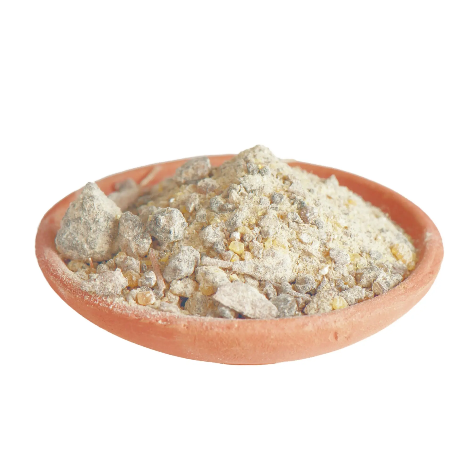 Palo Santo Harz von Berk – naturbelassene Harzstücke und feines Harzpulver in einer Tonschale zum Räuchern auf Kohle oder Sieb.
