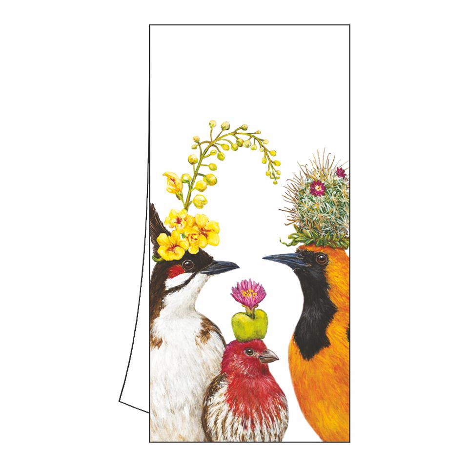 PPD Geschirrtuch „The Entourage“ mit farbenfrohen Vogelmotiven und Blumenhüten – kunstvolles Design von Vicki Sawyer für eine stilvolle und fröhliche Küchendeko.