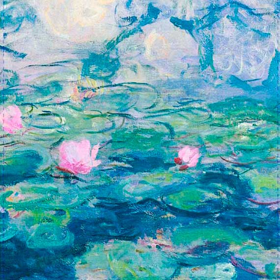 Ausschnitt aus Monets Seerosen-Gemälde in lebendigem Blau und Grün mit zarten rosa Blüten. Eindrucksvolle Nahaufnahme für die Kunstkollektion im Lebenswerte Onlineshop.