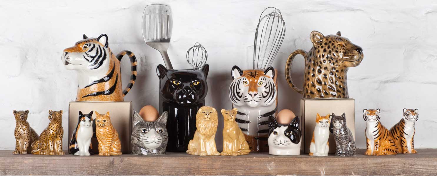 Handbemalte Tierkeramik von Quail Ceramics – kunstvolle Krüge, Eierbecher und Vasen in Tierform, liebevoll gefertigt mit Motiven wie Tiger, Katze und Leopard.