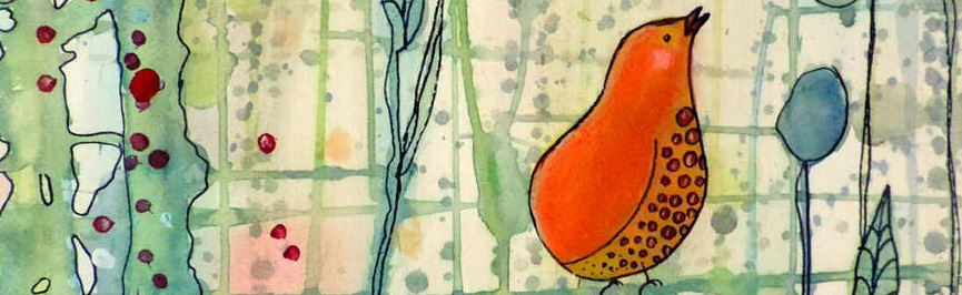 Kissenmotiv von Still&Silent mit fröhlichem roten Vogel auf grünem Aquarellhintergrund – verspielte Kunstillustration mit floralen und grafischen Elementen.