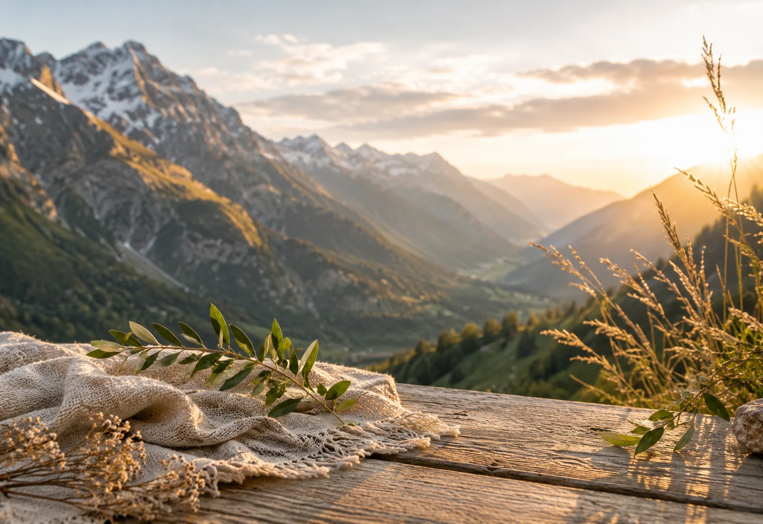 Sonnige Alpenlandschaft mit Bergpanorama und natürlichen Zweigen für Schulthess saisonale Düfte