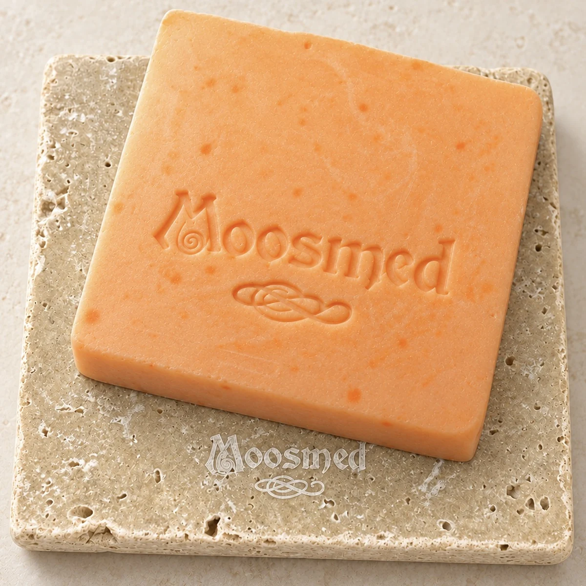 Orangefarbene Moosmed-Seife mit Vitamin E und geprägtem Logo auf einem quadratischen Travertinteller.