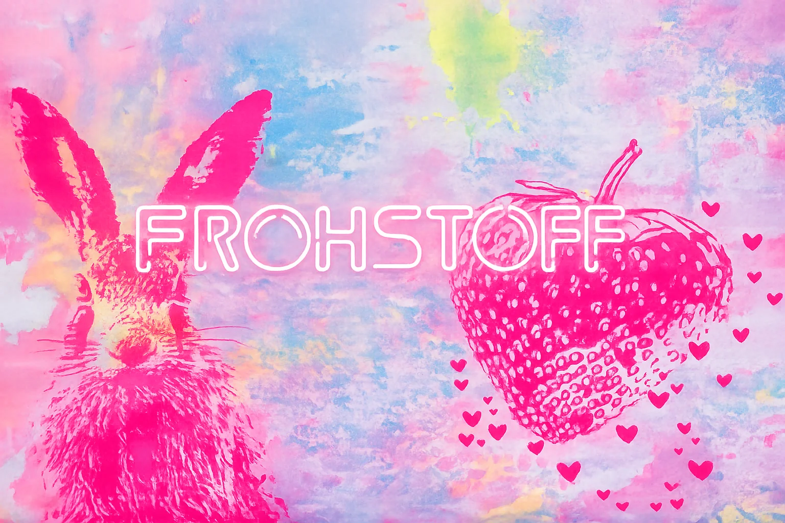 Frohstoff Artwork mit neonfarbenem Schriftzug, pinkem Hasen und Erdbeere im Atelier-Unique-Stil auf pastelligem Aquarellhintergrund.