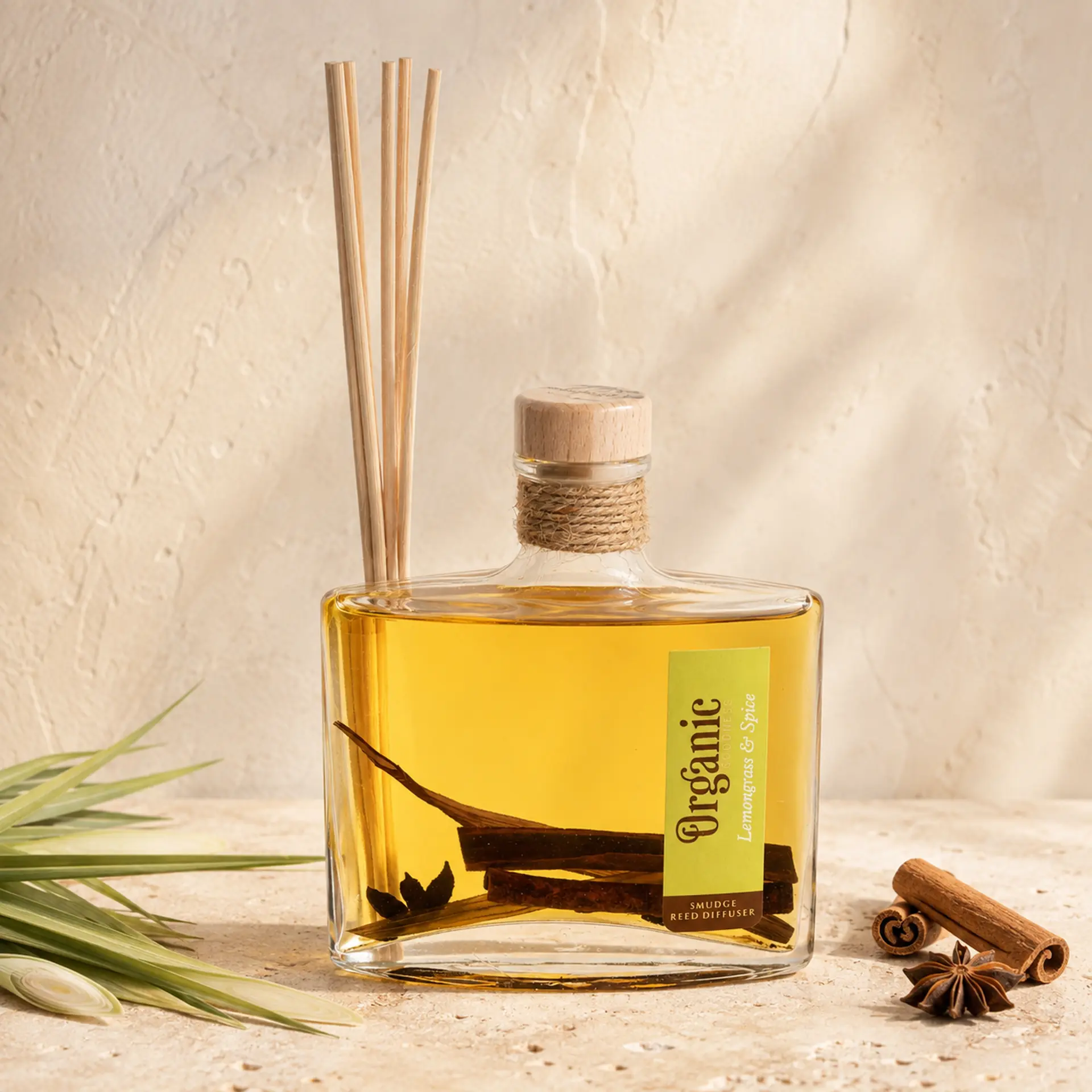 Organic Goodness Reed Diffuser Lemongrass & Spice mit Lemongras und Gewürzen auf hellem Travertin.
