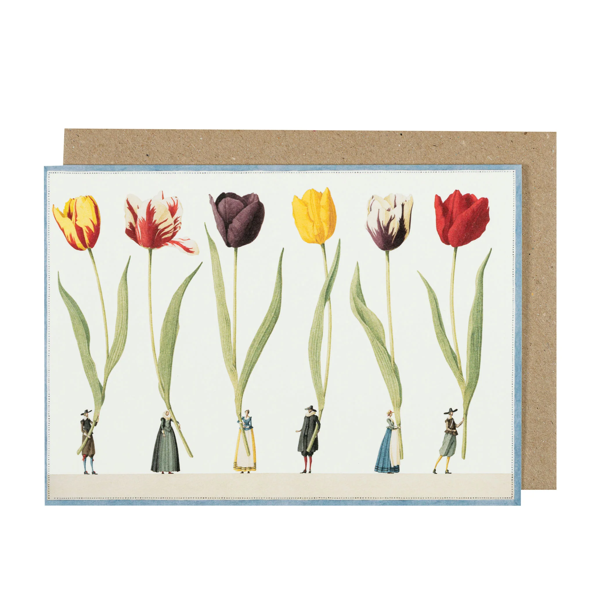Laura Stoddart Grußkarte „Tulip Parade“ mit sechs kunstvoll illustrierten Tulpen in Rot-, Gelb- und Violetttönen sowie kleinen Figuren im poetischen botanischen Aquarellstil vor Kraftpapier-Kuvert.