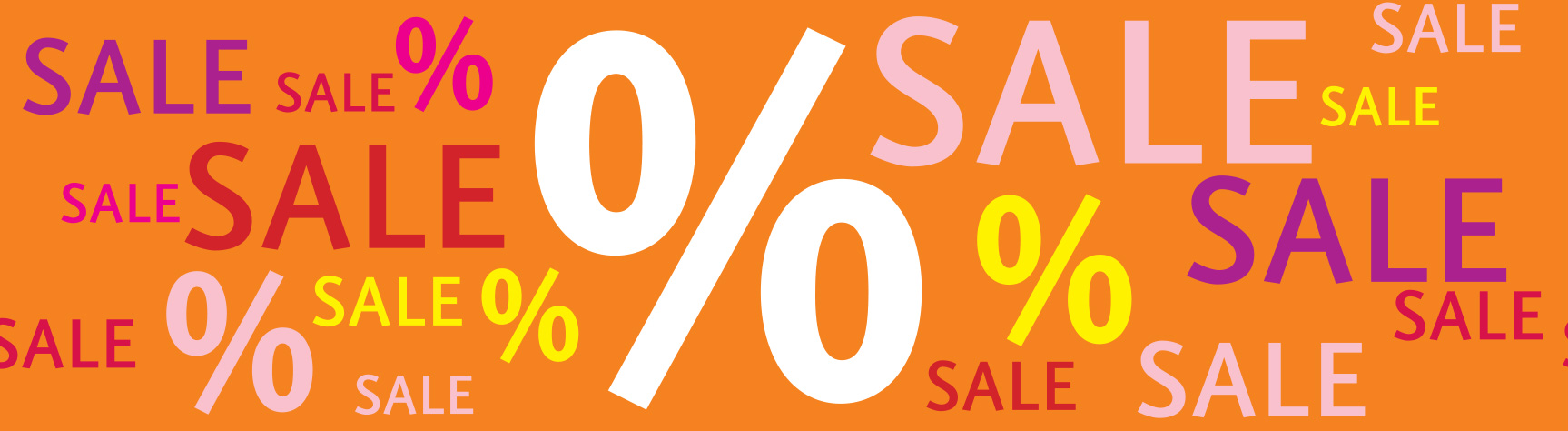 Großes SALE-Banner in leuchtendem Orange mit bunten Prozentzeichen und Schriftzug – Schulthess Kerzen jetzt reduziert kaufen und von attraktiven Angeboten profitieren.