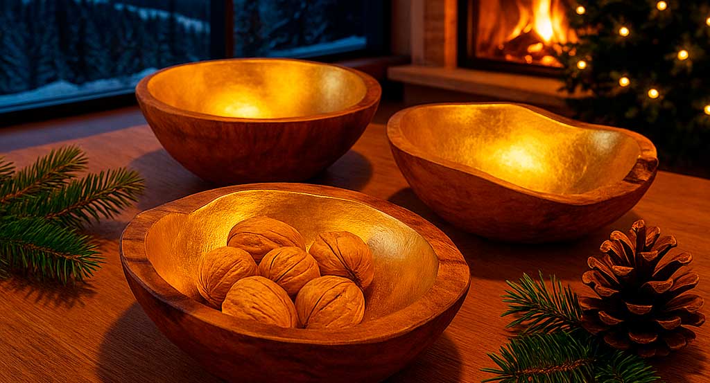 Edle Teakholzschalen mit goldenem Inlay, teils gefüllt mit Walnüssen, auf einem Holztisch vor Kaminfeuer und Weihnachtsbaum – warme, festliche Winterdeko.