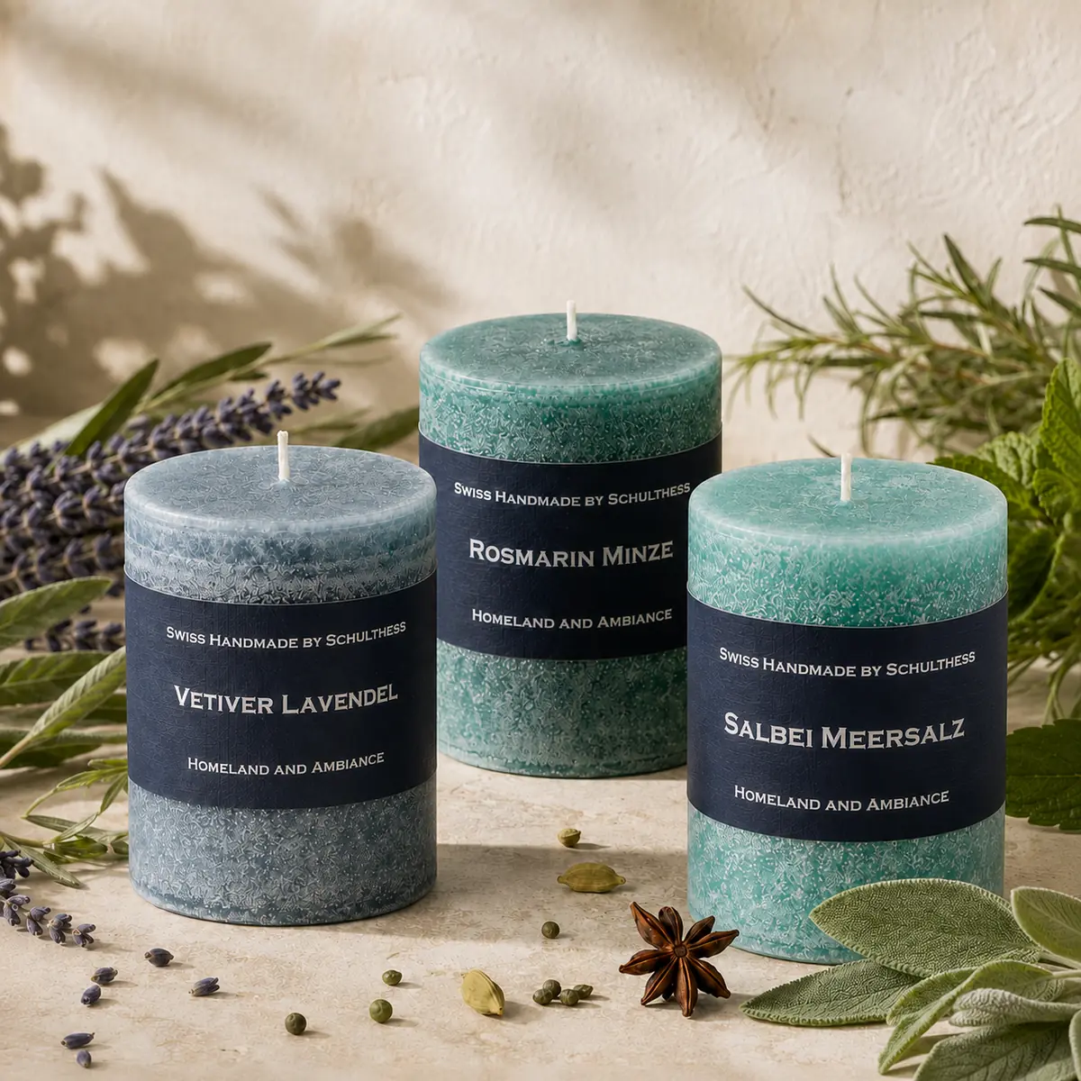 Schulthess Duftkerzen Vetiver Lavendel, Rosmarin Minze und Salbei Meersalz mit Kräutern und Lavendel arrangiert.