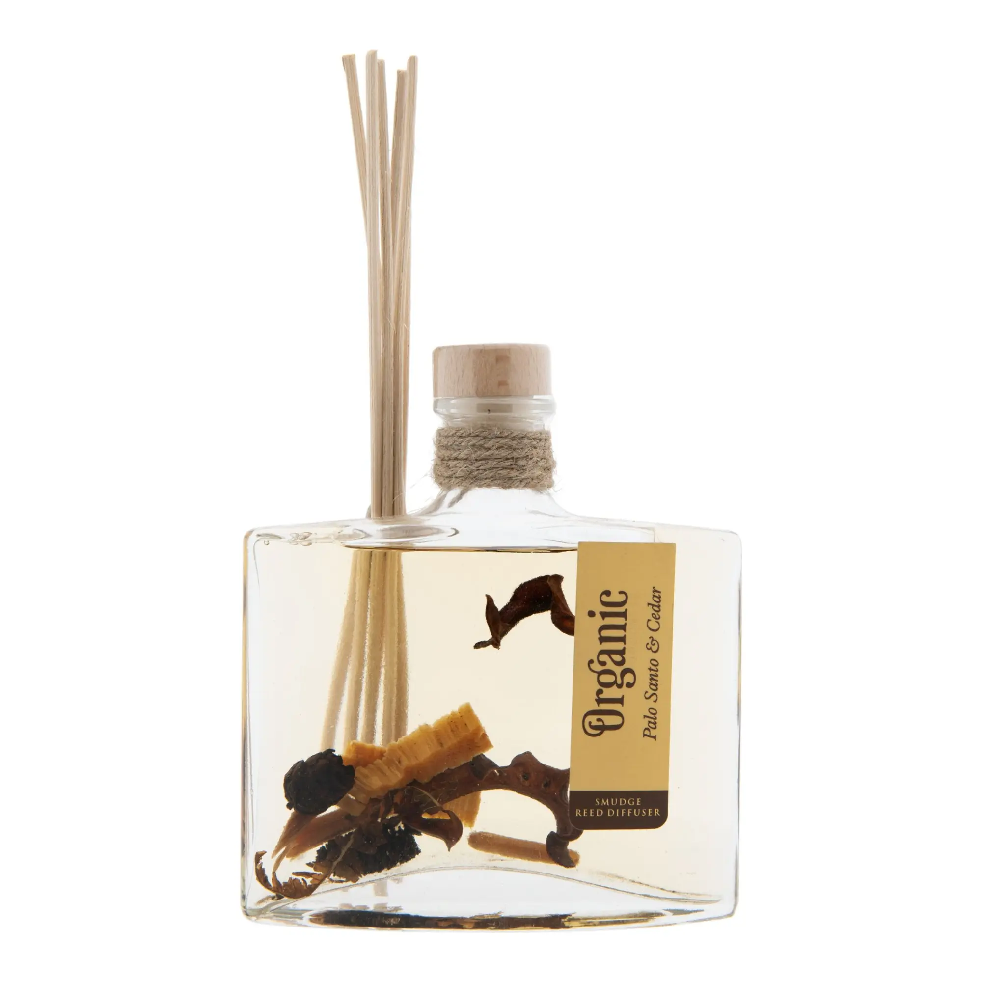 Organic Goodness Reed Diffuser Palo Santo & Cedar mit Duftstäbchen und botanischen Bestandteilen.