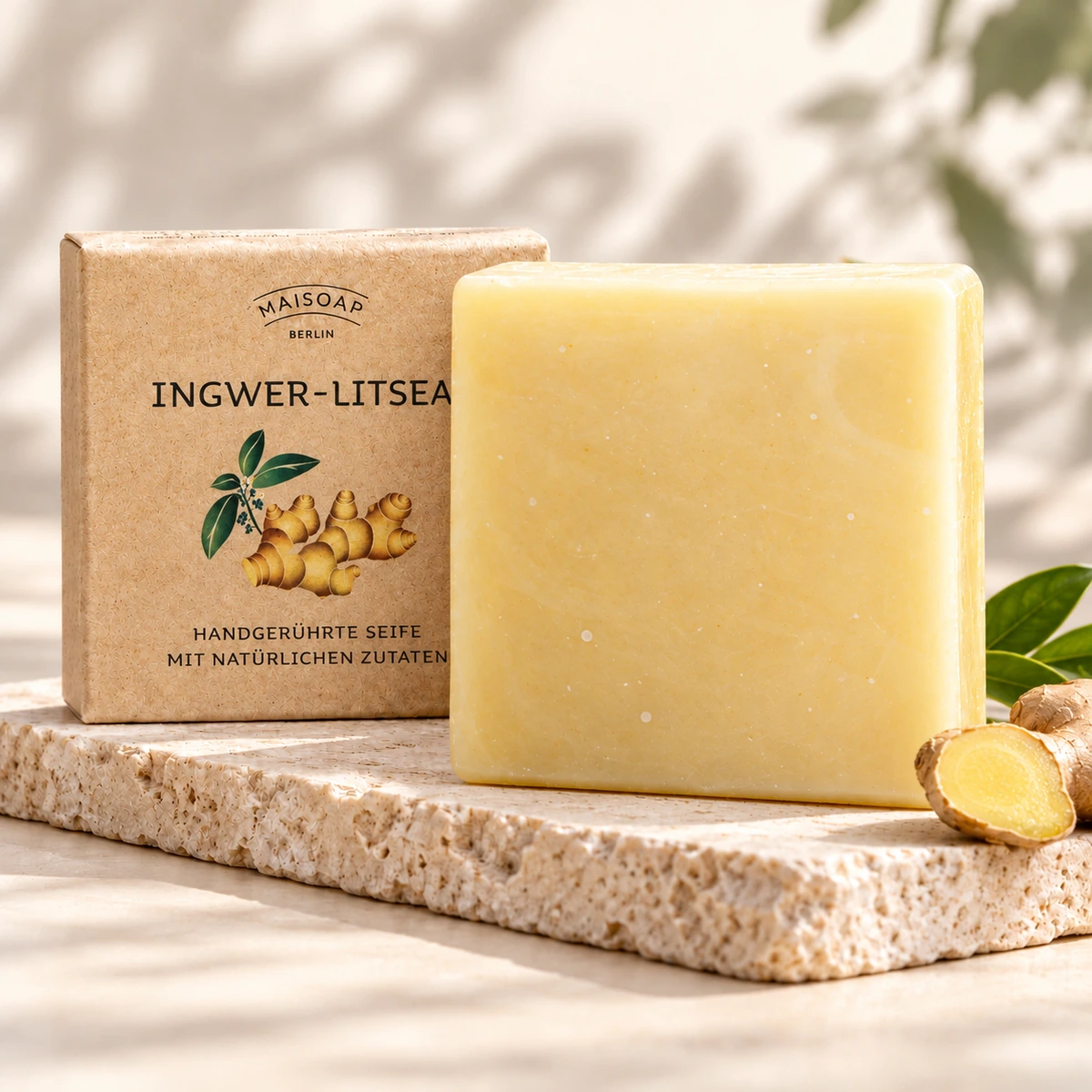 Maisoap Ingwer-Litsea-Seife mit Verpackung und frischem Ingwer auf heller Steinplatte