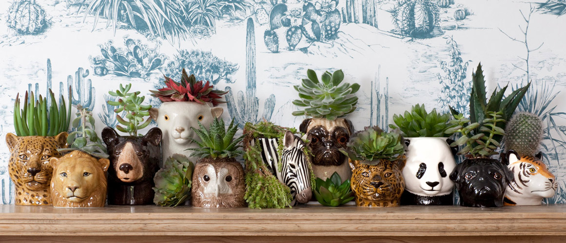 Tierische Pencil Pots von Quail Ceramics – handbemalte Keramiktöpfe in Tierform, perfekt für Pflanzen, Stifte oder Küchenutensilien. Design mit Leopard, Panda, Zebra und Tiger.