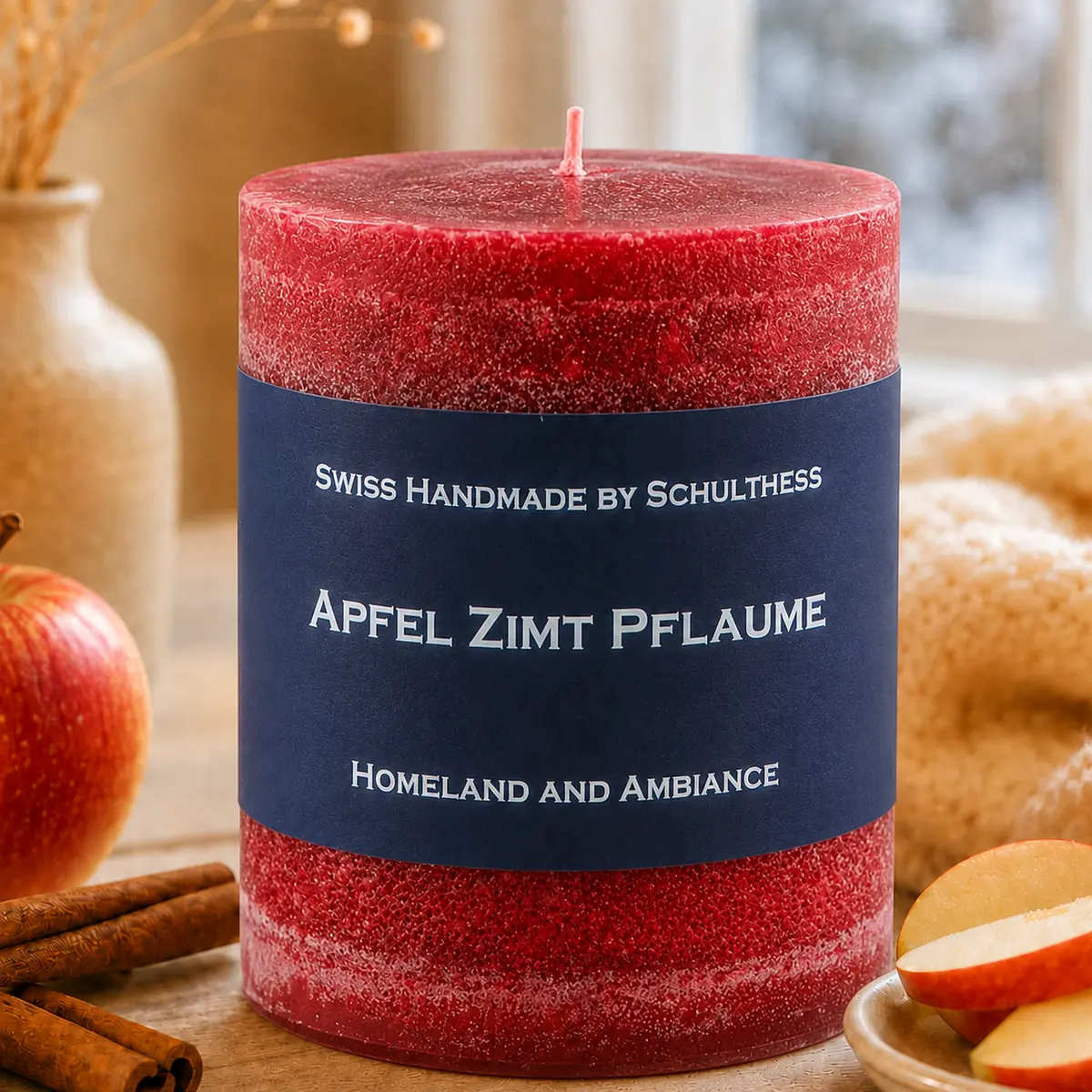 Schulthess Duftkerze Apfel Zimt Pflaume in heller winterlicher Atmosphäre