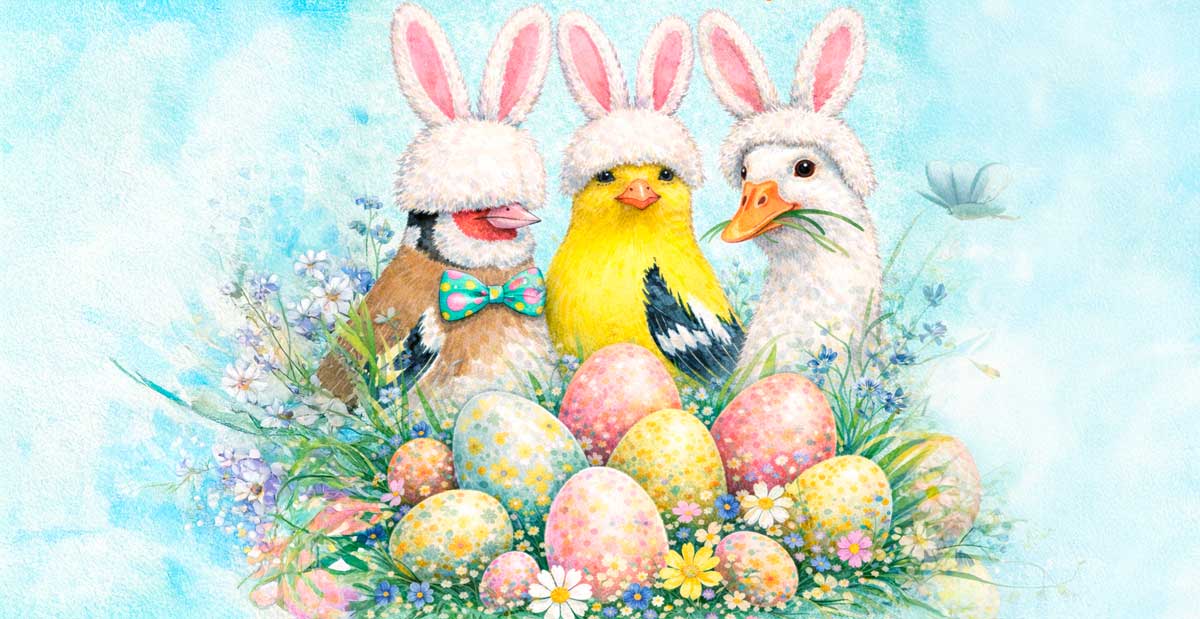 Liebevoll illustrierte Osterszene mit drei Tieren in Hasenohren – Küken, Vogel und Ente – zwischen bunt bemalten Ostereiern, Frühlingsblumen und zarten Pastellfarben auf hellblauem Hintergrund.