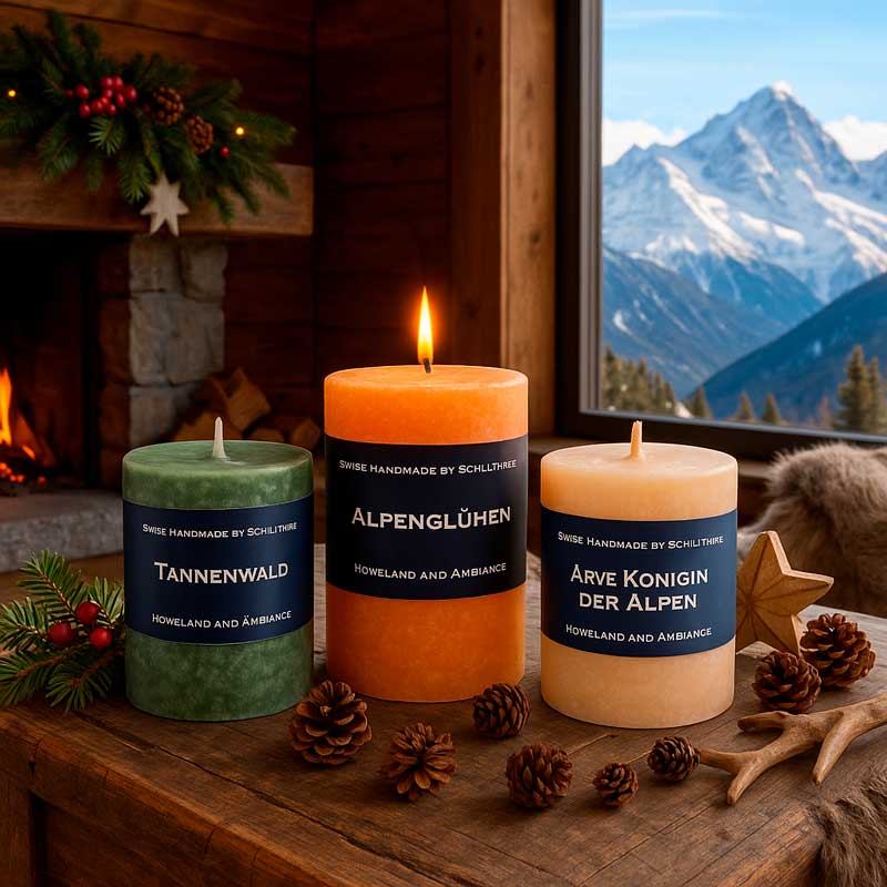 Drei Schulthess Duftkerzen aus der Kollektion Homeland and Ambiance mit den Düften Tannenwald, Alpenglühen und Arve Königin der Alpen, dekoriert mit Tannenzweigen, Zapfen und Holzsternen in einer Berghütte mit Blick auf verschneite Alpen.