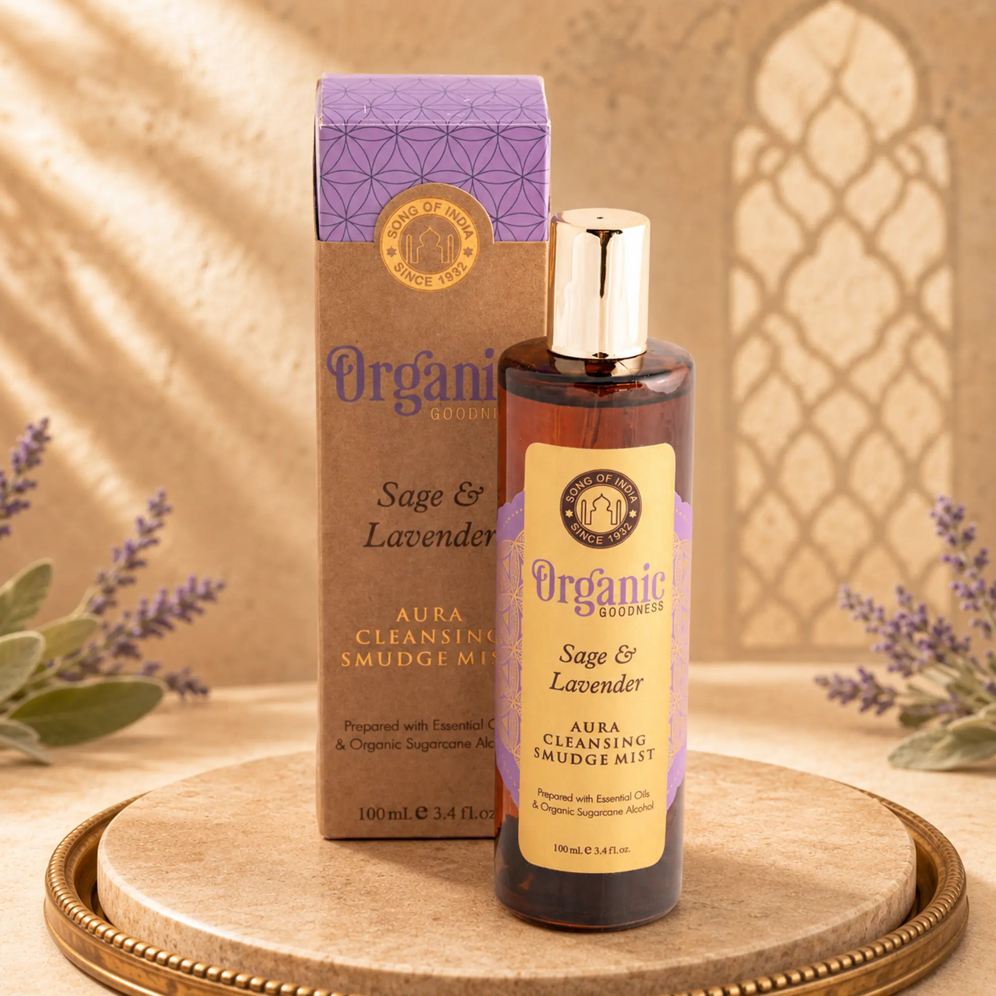 Song of India Sage & Lavender Aura Cleansing Smudge Mist mit Verpackung, Salbei und Lavendel