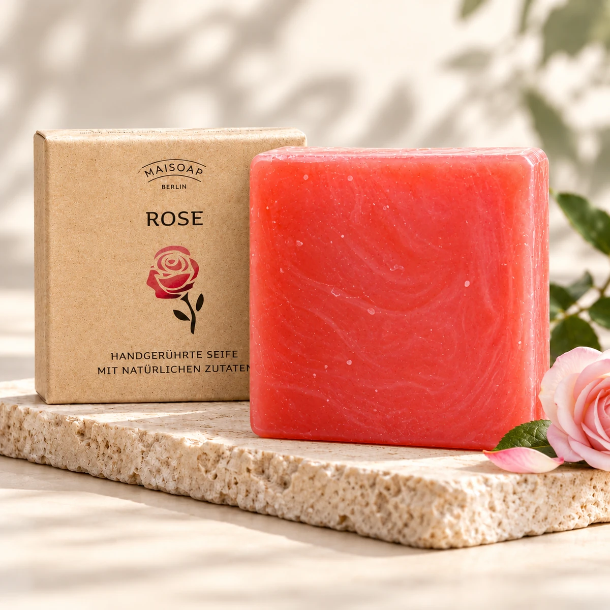 Rote Maisoap Rosenseife mit Verpackung und zartrosa Rose auf heller Steinplatte