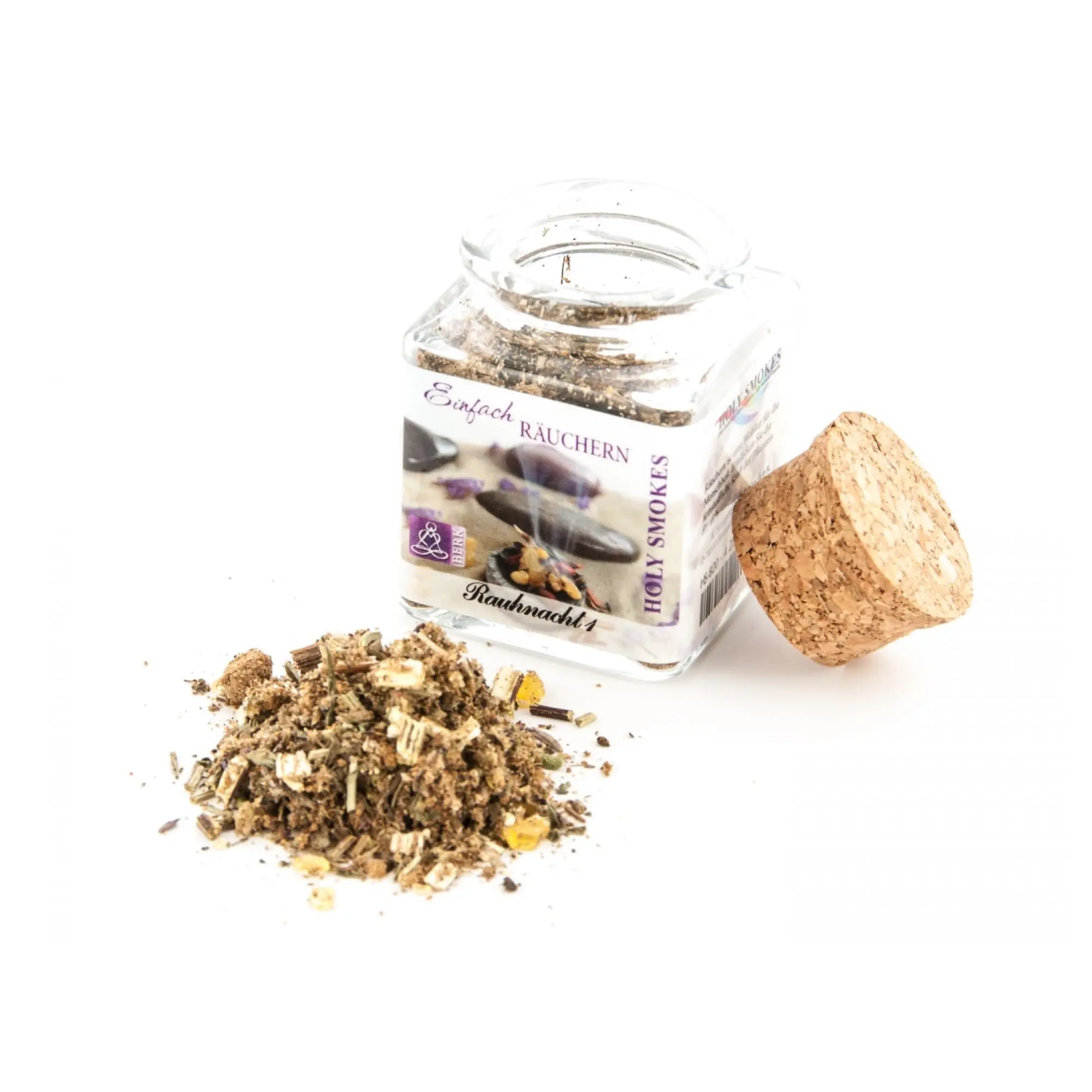 Berk Rauhnacht Räuchermischung im Glas mit Fichtenharz, Asafoetida, Erdrauch und weiteren naturbelassenen Räucherstoffen.