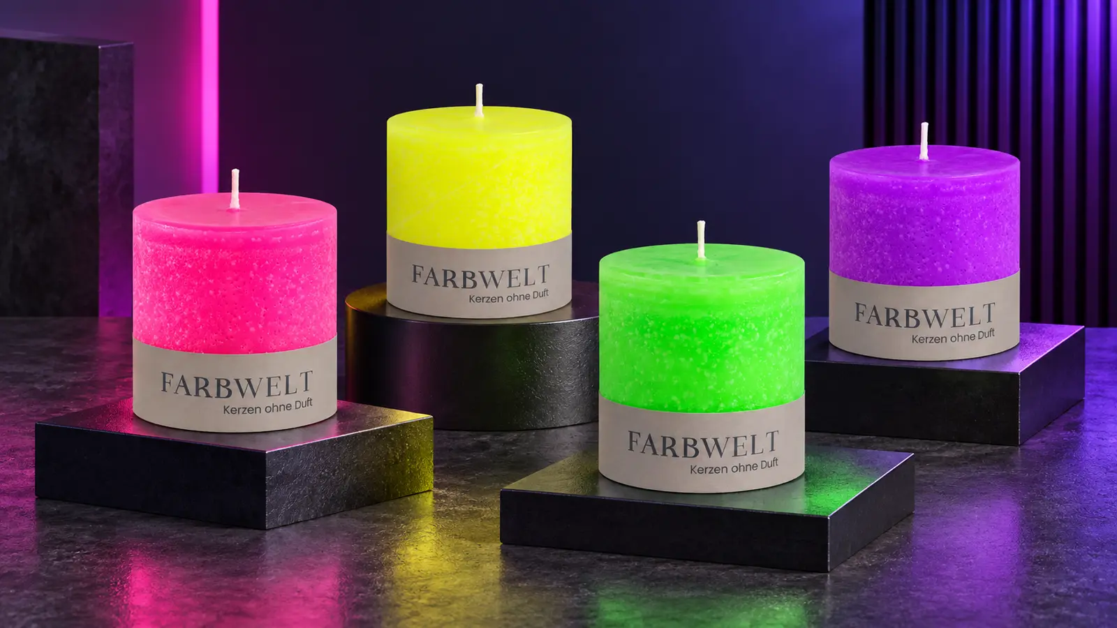 Schulthess Neon-Kerzen in Pink, Gelb, Grün und Lila
