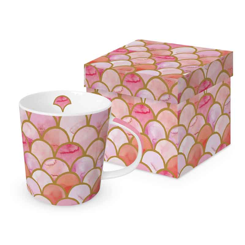 PPD Tasse „Art Deco“ mit elegantem Muschelmuster in Rosa, Gold und Pfirsich, edel gestaltet und mit Geschenkbox – stilvolle Porzellantasse im Art-déco-Design.