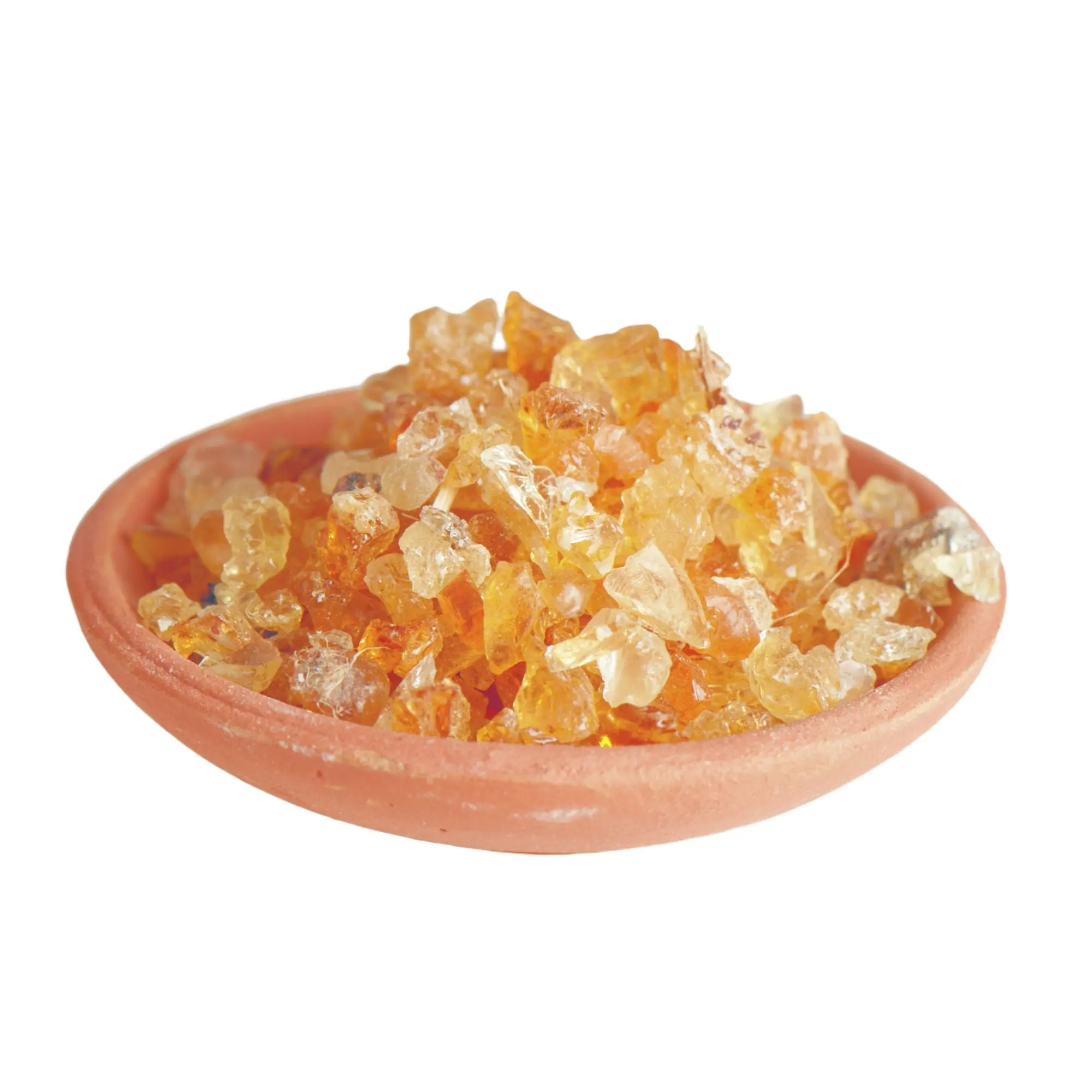 Gummi Arabicum von Berk – goldgelbe, transparente Stücke in einer Tonschale zum Räuchern auf Kohle oder Sieb.