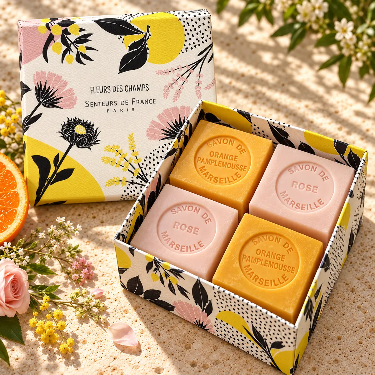 Senteurs de France Seifenset Fleurs des Champs mit je zwei Würfelseifen Rose und Orange Pamplemousse in floral gestalteter Geschenkbox.