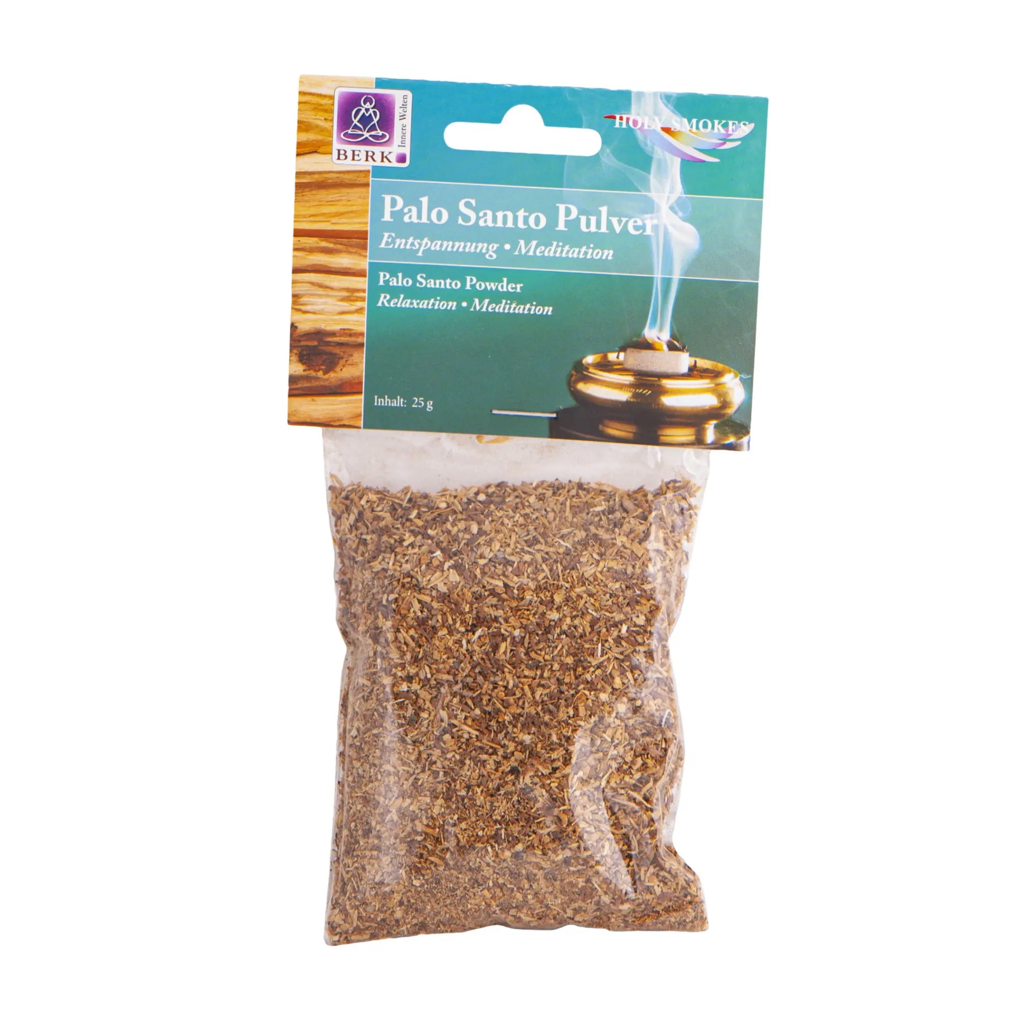 Palo Santo Pulver von Berk – fein zerkleinertes Räucherholz aus Peru in der transparenten 25-g-Originalverpackung