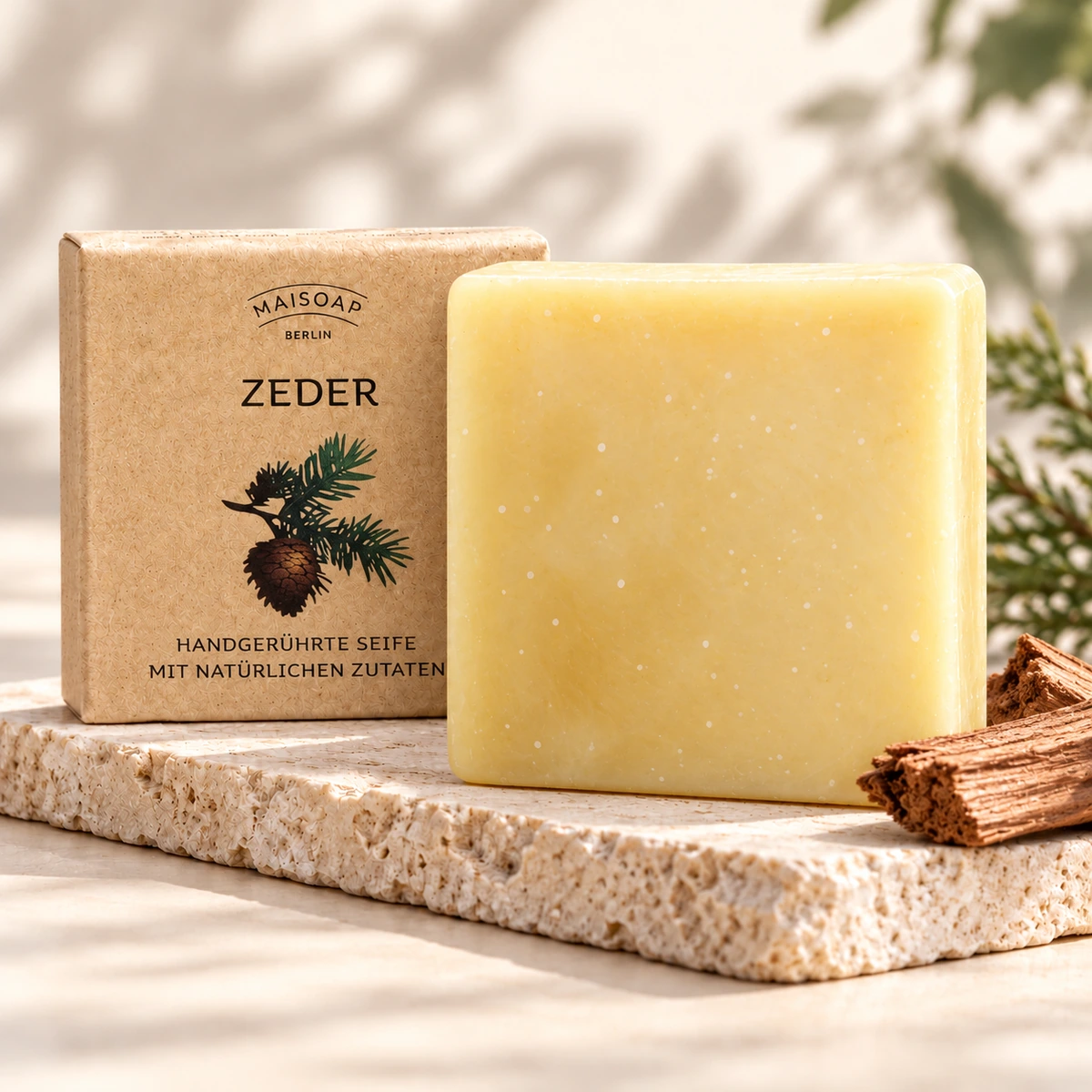 Maisoap Zedernseife mit Verpackung und Zedernholz auf heller Steinplatte