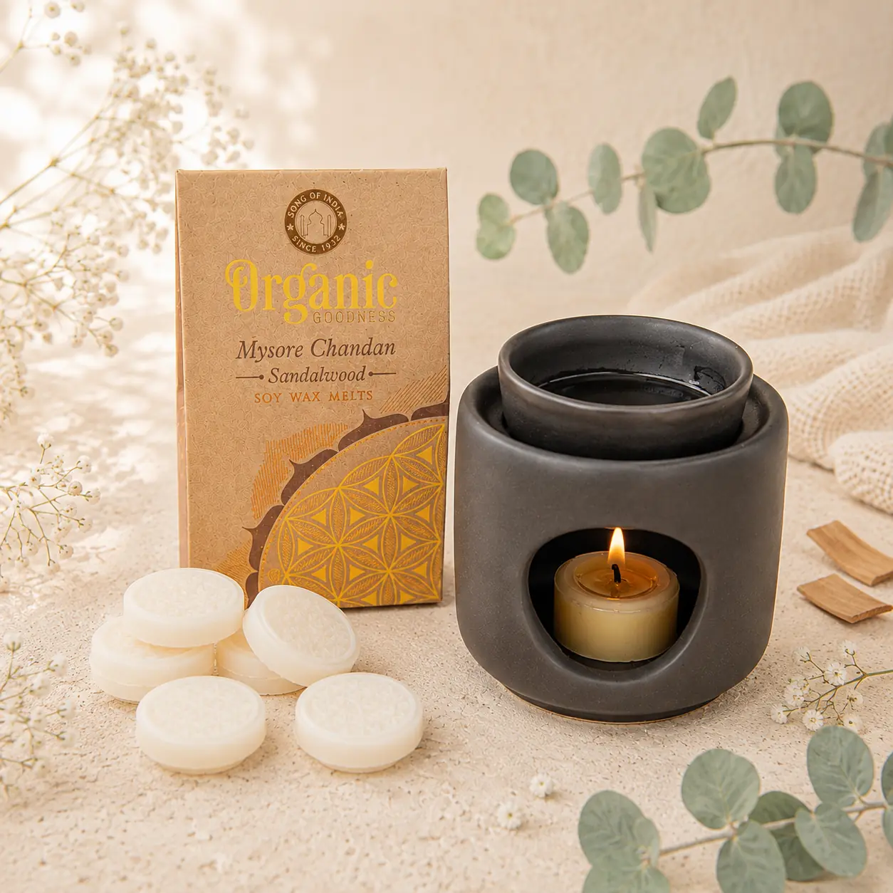 Berk Sojawachstaler Sandelholz mit Blume des Lebens und Aromalampe