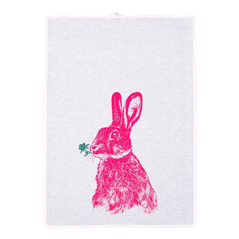 Frohstoff Geschirrtuch Glückshase pink aus weißem Halbleinen mit pinkem Hasenmotiv und Kleeblatt im Handsiebdruck aus Hamburg.