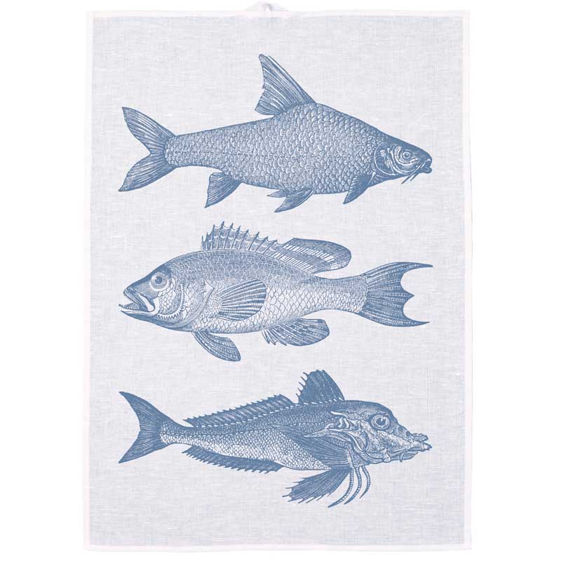 "Fischtrio in blaugrau" - Geschirrtuch von Frohstoff
