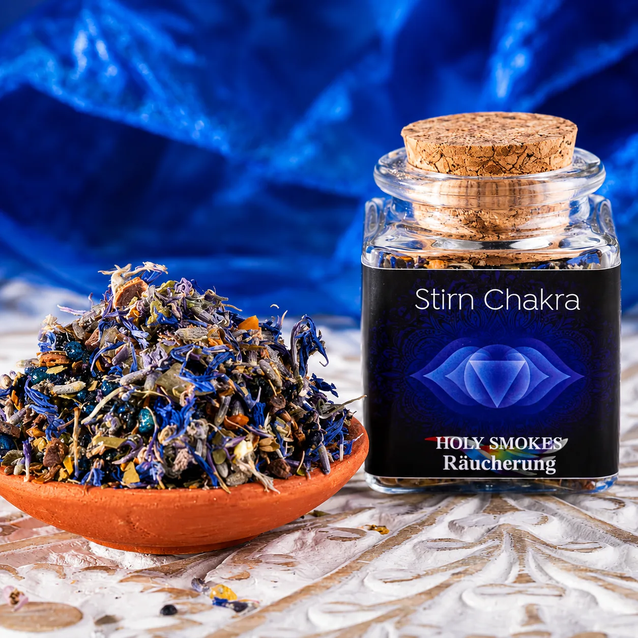 Berk Stirn Chakra Räucherung Holy Smokes mit naturreinen Kräutern und Harzen im Glas