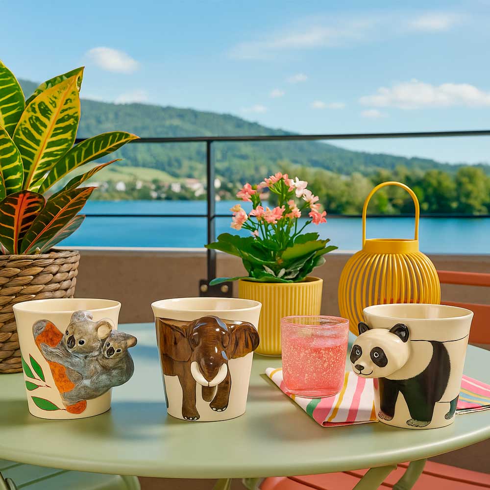 Keramiktassen mit 3D-Tiermotiven – liebevoll gestaltete Becher mit Panda, Elefant und Koala, ideal für Kaffee oder Tee und ein fröhlicher Hingucker auf Balkon oder Frühstückstisch.