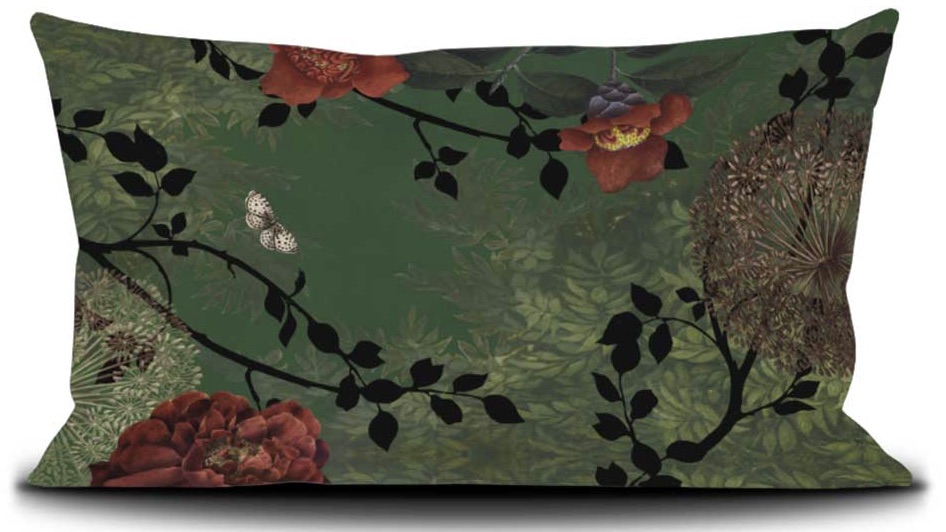 Rückseite Voglio Bene Samtkissen Carmen 40x65 – elegantes Designer-Dekokissen mit grünem Blumenmotiv, hochwertiges Wohntextil für Sofa, Schlafzimmer und stilvolle Einrichtung.