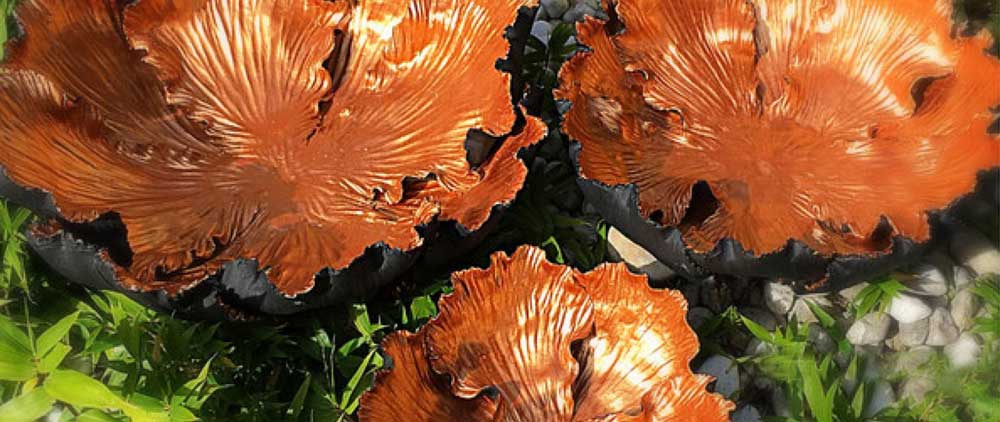 Thailändische Keramikschalen in organischem Design und warmer Kupferfarbe, handgefertigt und harmonisch im Grünen arrangiert.