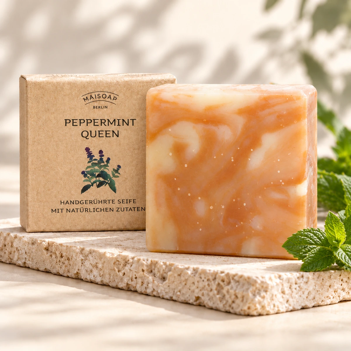 Orange-creme marmorierte Maisoap Peppermint Queen-Seife mit Verpackung und frischer Minze