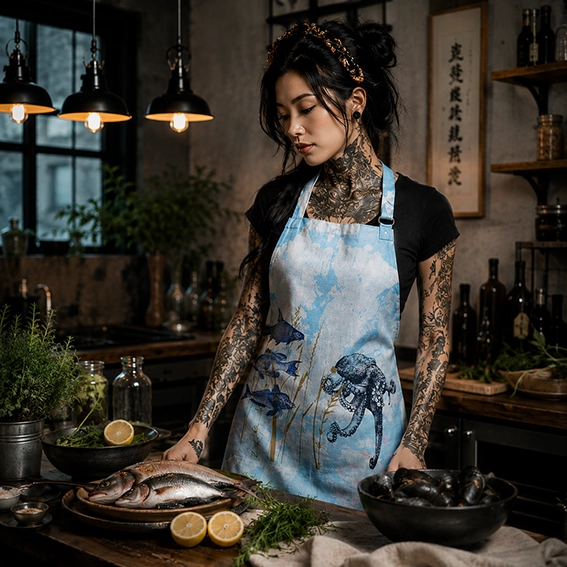 Atmosphärische Editorial-Szene mit tätowierter Frau in moderner Küche und handbedruckter Frohstoff Atelier Unique Küchenschürze mit Oktopus- und Fischmotiv in Blau.