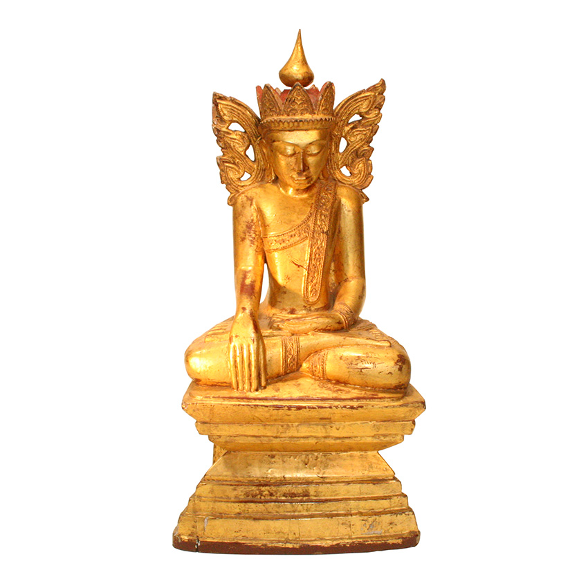 Sitzender Königsbuddha aus Teakholz, vergoldete burmesische Buddhafigur in königlicher Haltung, seltene antike Rarität mit feiner Patina und spiritueller Ausstrahlung.