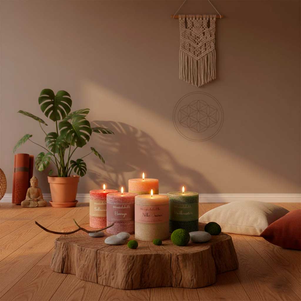 Mehrere brennende Duftkerzen mit naturreinen Ölen auf einer Holzscheibe im Yoga-Raum, umgeben von Pflanzen, Kissen und Zen-Deko – stimmungsvolle Wellness- und Meditationsatmosphäre.