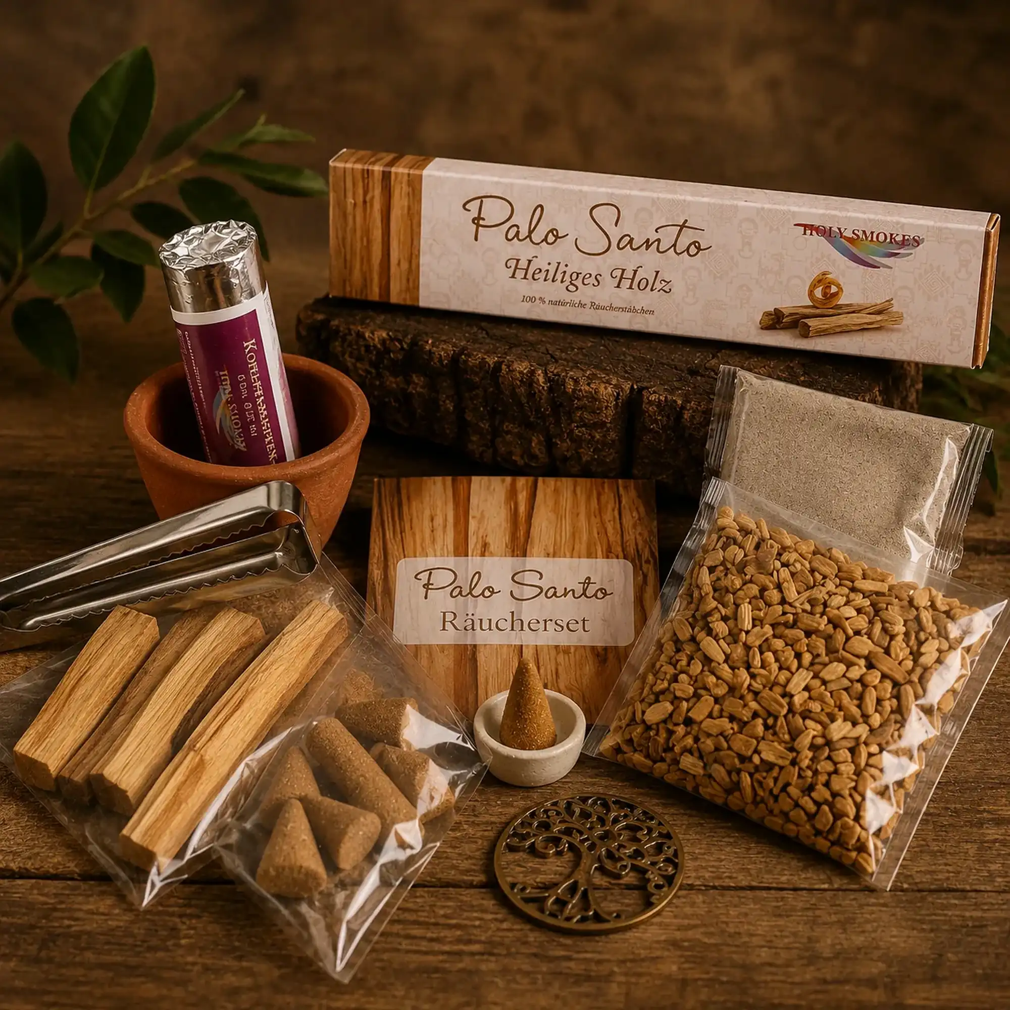 Palo-Santo-Räucherset von Berk mit Räucherholz, Räucherkegeln, Räucherstäbchen und Zubehör