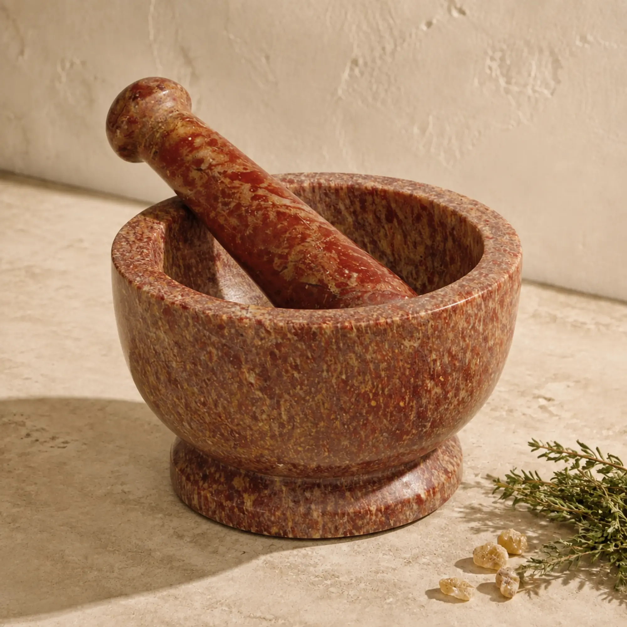 Rötlich-brauner Specksteinmörser mit Stößel, Kräutern und Räucherharz