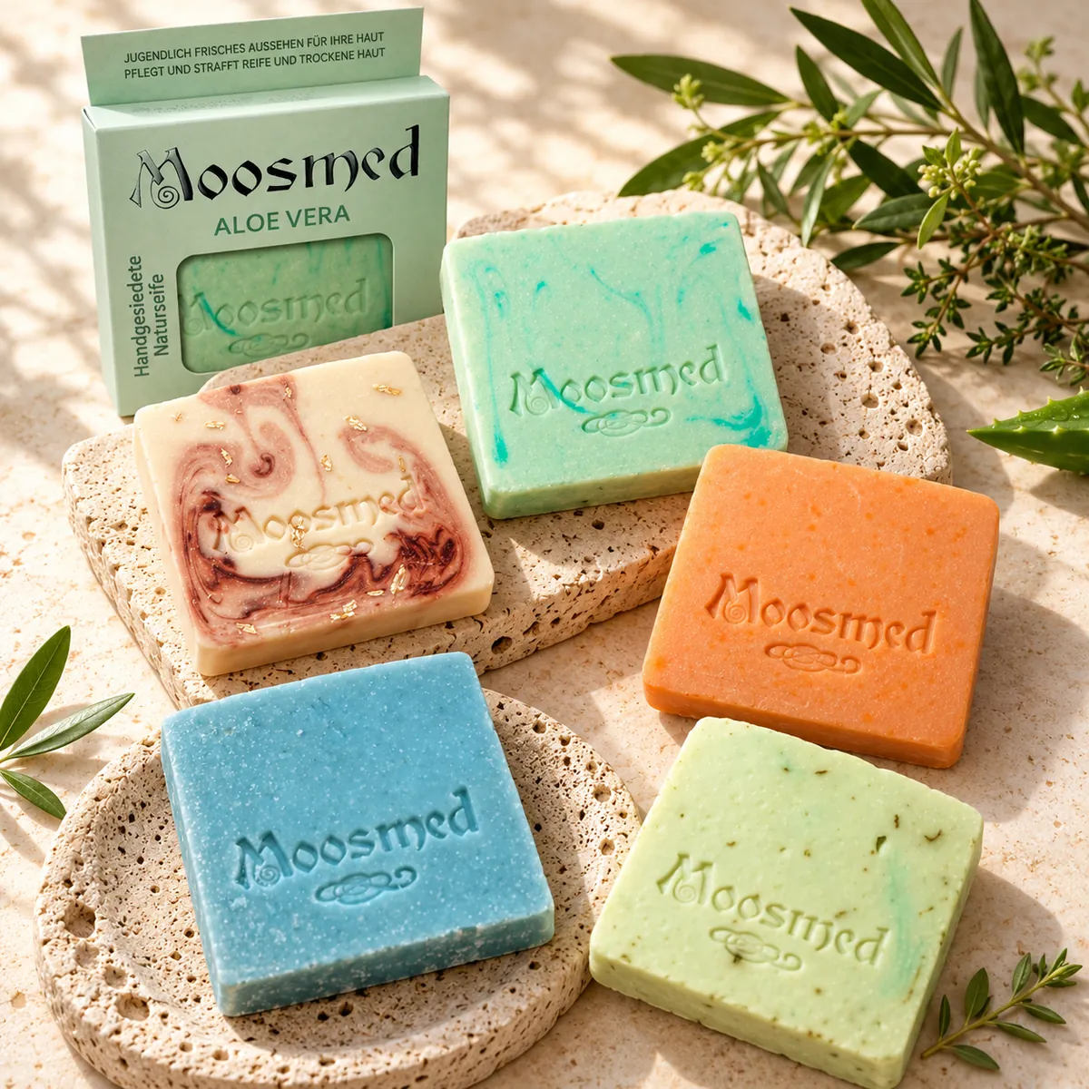Fünf verschiedenfarbige Moosmed-Naturseifen auf Travertintellern mit Aloe-Vera-Verpackung und grünen Zweigen im warmen Tageslicht.