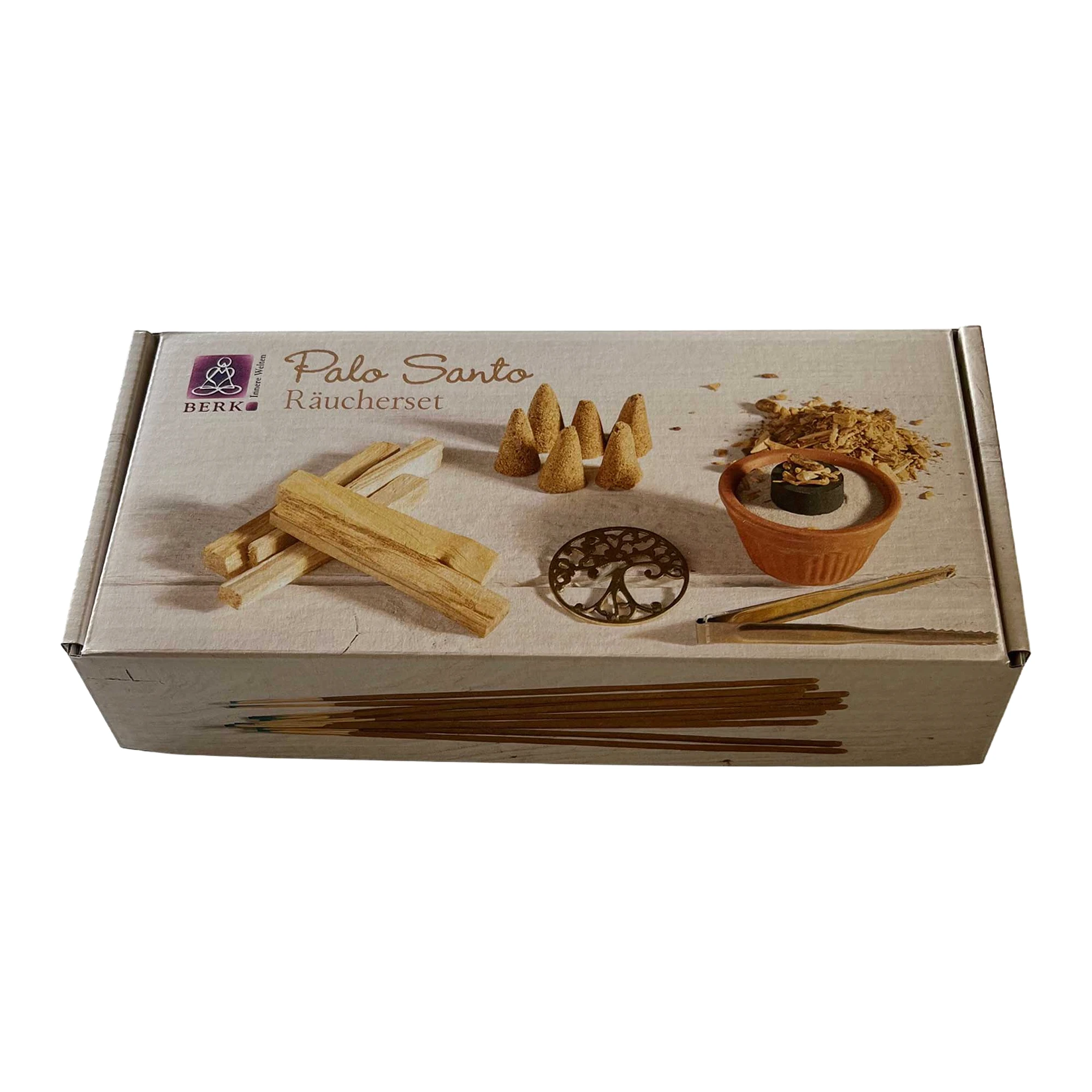 Palo-Santo-Räucherset von Berk in der Produktverpackung auf weißem Hintergrund
